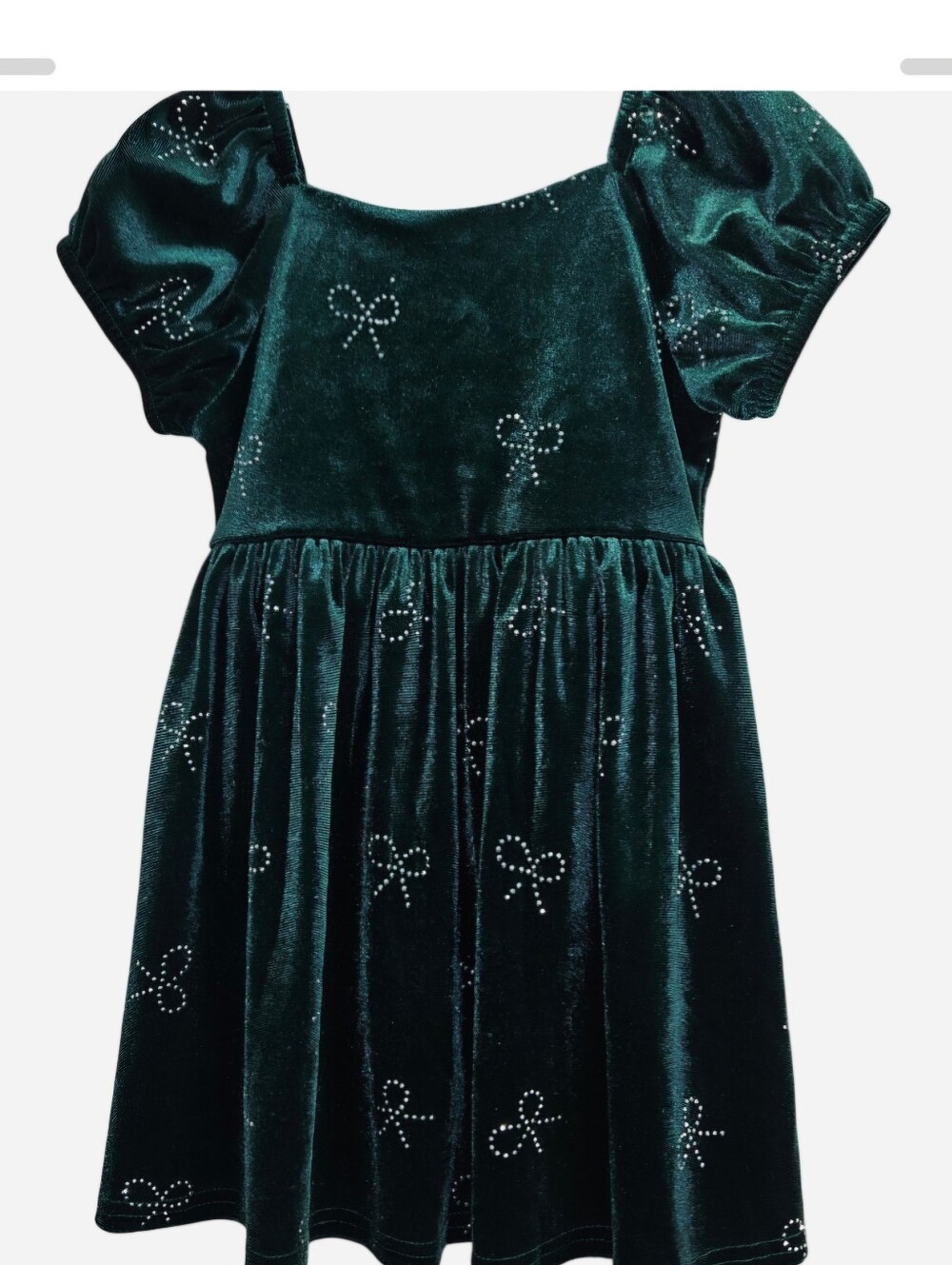 2T Blueberi Boulevard Emerald Green Velvet Puff-Sleeve Dress with Bow Accents